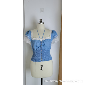 Denim Lace Square Collar Women's Short Sleeve Top